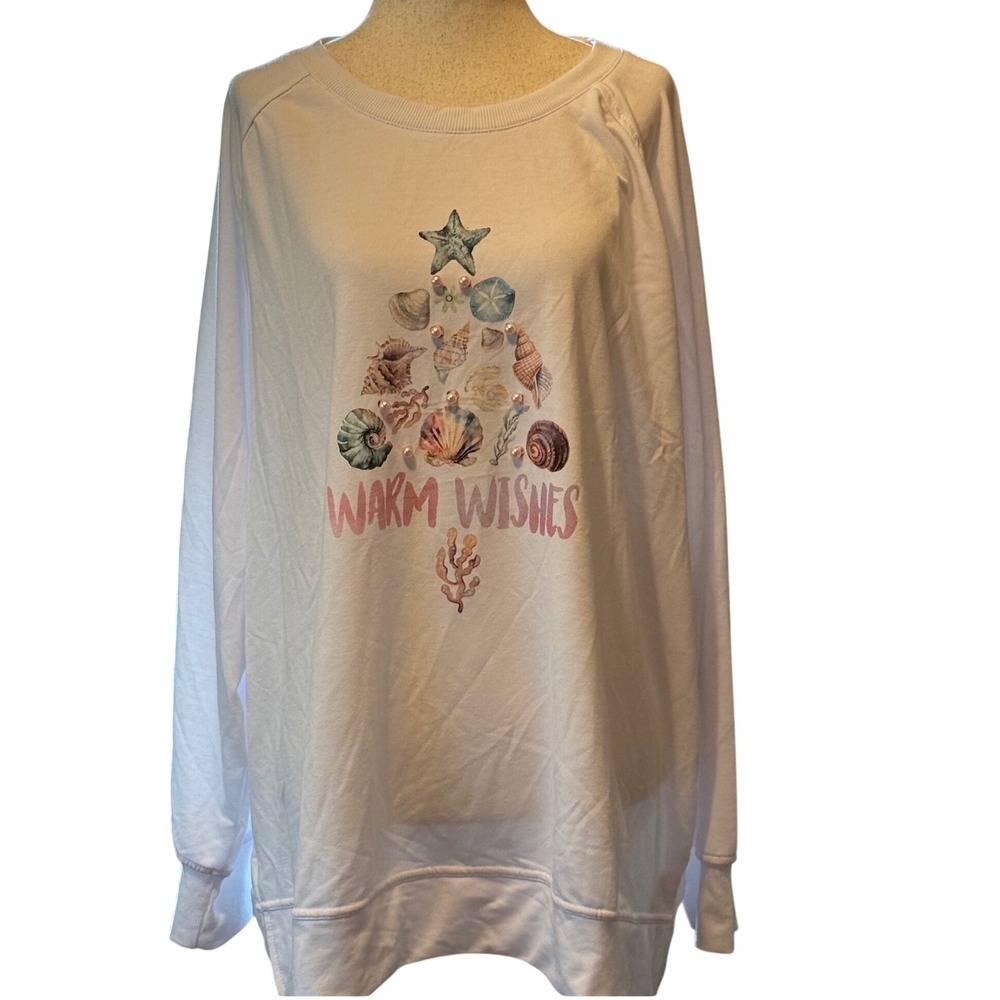 Philosophy Woman White Seashell Christmas Tree Sweatshirt Warm Wishes 3X NWT